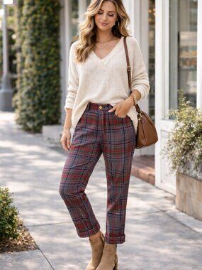 Free People Plaid Trousers Academia Preppy Ankle Pants Burgundy US 2 Chic